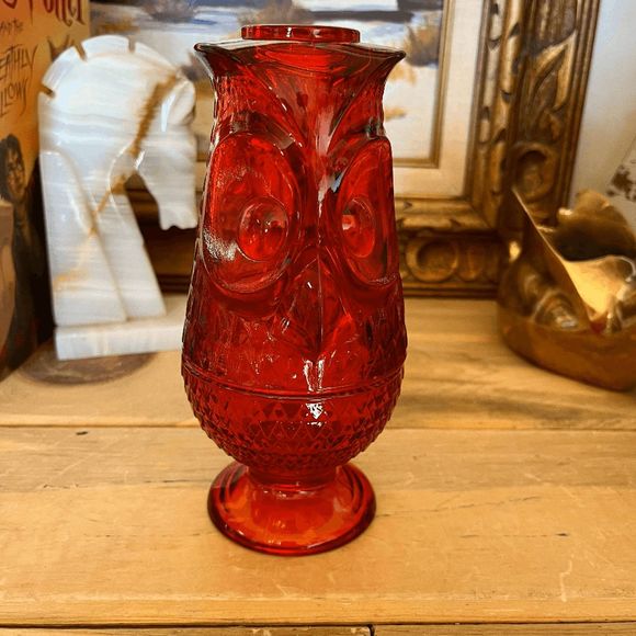 Vintage Viking Glass Ruby Red Owl Fairy Lamp 7 Inch 2-Piece "Owl Glimmer" - Picture 1 of 5